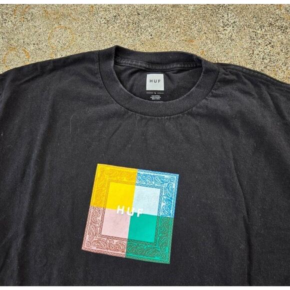 Vtg Y2k HUF Skate Paisley Box Logo Graphic T Shirt Black Large Stussy SF Skate - Picture 2 of 4